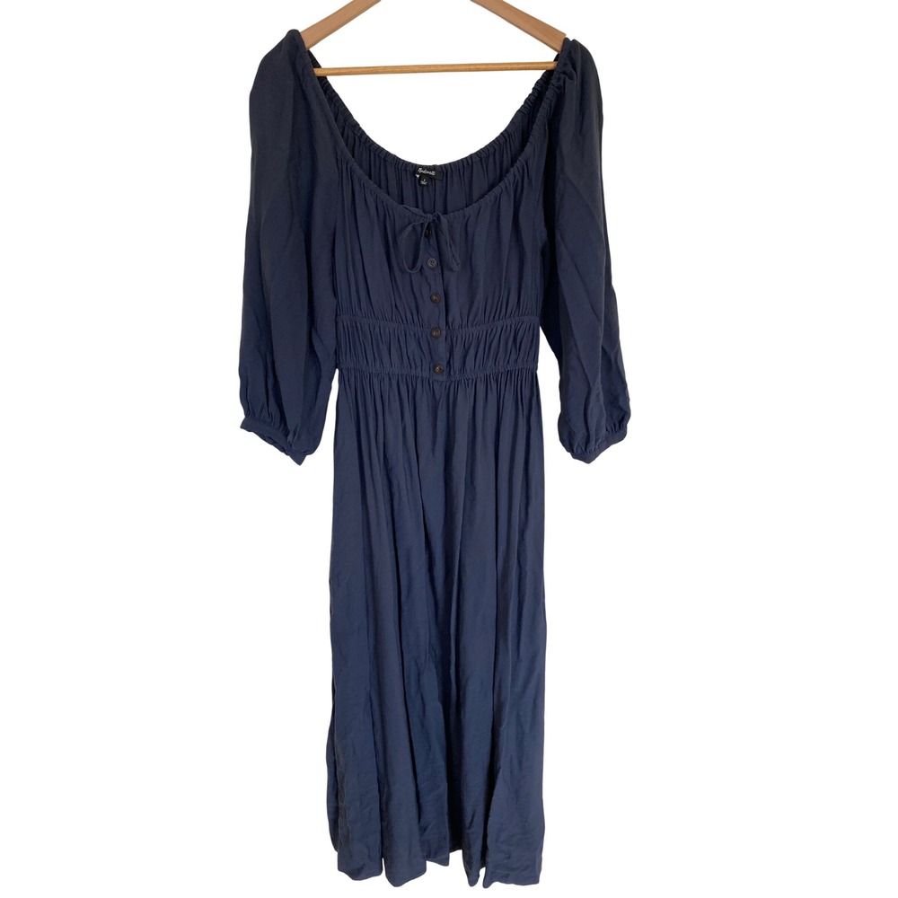 Madewell Navy Blue Smocked Waist Puff Sleeve Midi Dress Small CKP466991543